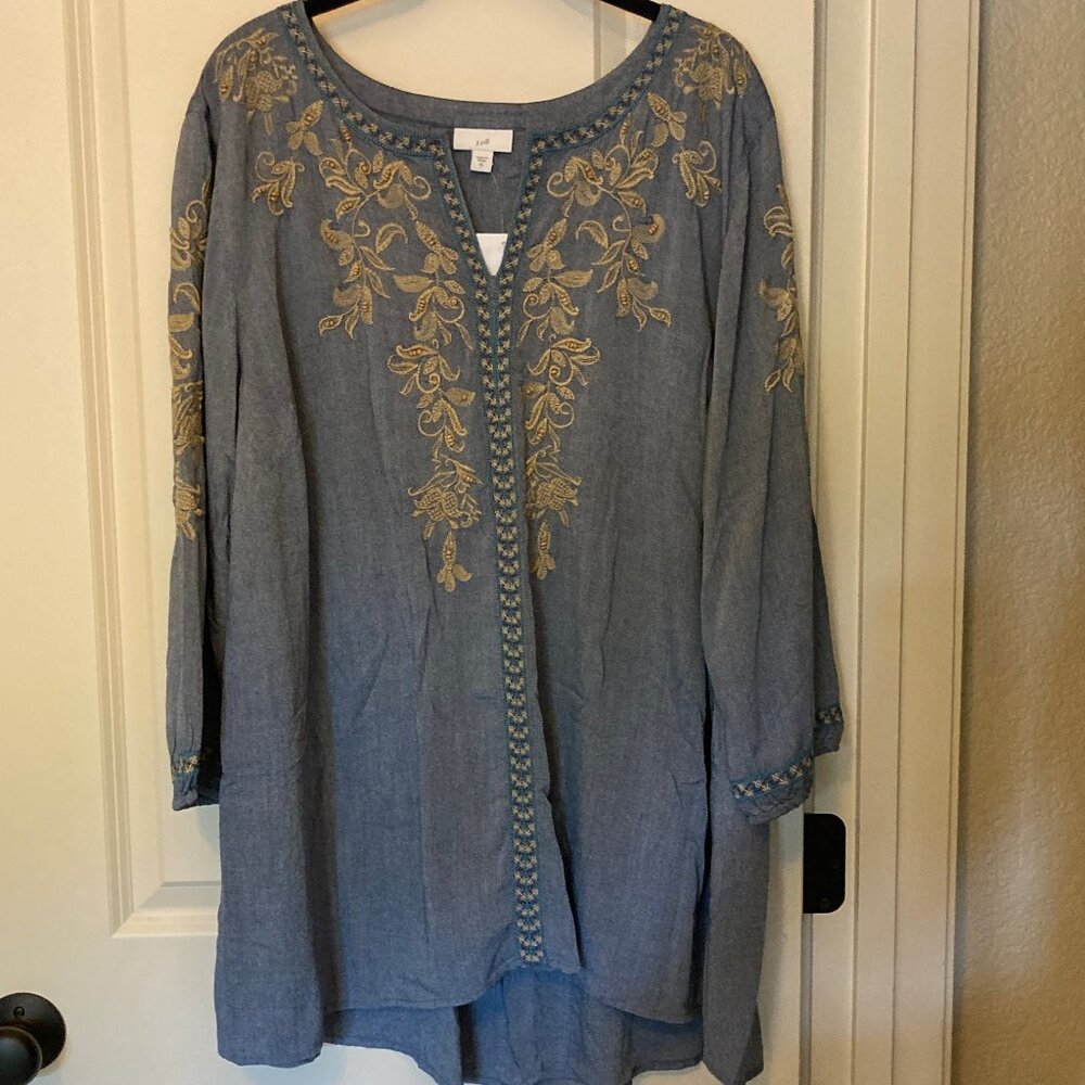 NWT J.Jill Blue Embroidered Boho Beaded Chambray Denim Rayon Tunic XL
